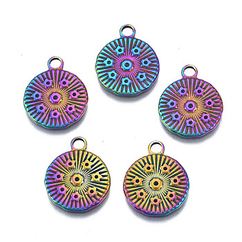 Rack Plating Rainbow Color 304 Stainless Steel Pendants Rhinestone Settings, Cadmium Free & Nickel Free & Lead Free, Flat Round with Star, 18x14.5x1.5mm, Hole: 2mm, Fit For 0.7mm and 0.9mm Rhinestone