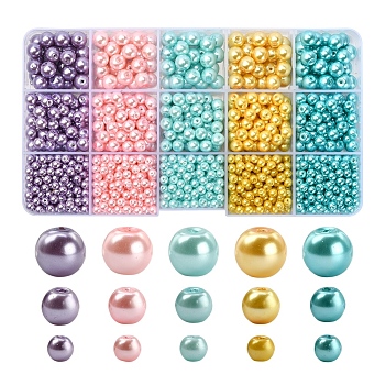 3300Pcs 15 Style Baking Painted Pearlized Glass Pearl Bead, Round, Mixed Color, 4~9mm, Hole: 1mm, 220pcs/style