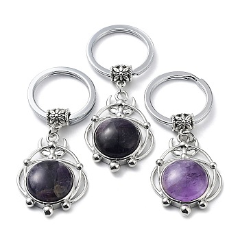 Natural Amethyst Keychain, with Plating Brass Pendant and Iron Rings, Lead Free & Cadmium Free, 6.6cm