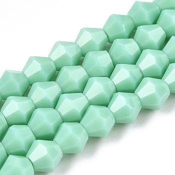 Opaque Solid Color Imitation Jade Glass Beads Strands, Faceted, Bicone, Light Cyan, 6x6mm, Hole: 1mm, about 45~47pcs/strand, 9.65~9.84 inch(24.5~25cm)