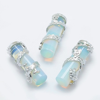 Opalite Pendants, with Brass Findings, Column with Dragon, Platinum, 40.5~41.5x14x15mm, Hole: 3.5x5mm