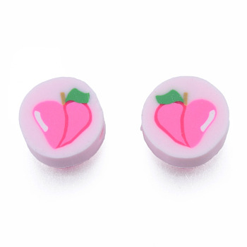 Handmade Polymer Clay Beads, Flat Round with Peach, Hot Pink, 9~10.5x4~4.5mm, Hole: 1.6mm