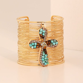 Alloy & Synthetic Turquoise & Natural Tiger Eye Beads Cuff Bangles, Multi-strand Bangles for Women, Cross, Golden, Inner Diameter: 2-3/8 inch(6cm)