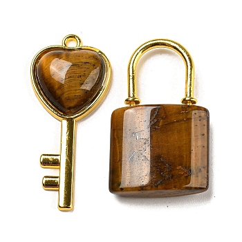 Natural Tiger Eye Pendants, Heart Key & Lock Charms with Golden Plated Alloy Findings, 32.5~38x20~17x6~7mm, Hole: 1.8~2mm, 2pcs/set
