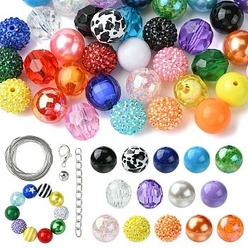 Round Opaque Acrylic Beads Kit, Including Iron Linking Chain, Iron Lobster Claw Clasps, Iron Wire, Iron Beads, Mixed Color, 18.5~20mm, Hole: 2.8~3mm, 50pcs