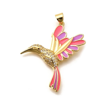 Rack Plating Brass Micro Pave Cubic Zirconia Enamel Pendants, Long-Lasting Plated, Lead Free & Cadmium Free, Hummingbird Charms, Deep Pink, 36x31x4mm, Hole: 5x3mm