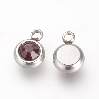 201 Stainless Steel Rhinestone Charms, January Birthstone Charms, Flat Round, Stainless Steel Color, Garnet, 8.5x6x3mm, Hole: 1.5mm