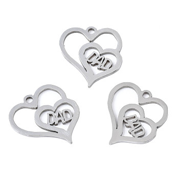 201 Stainless Steel Pendants, Laser Cut, Heart with Word DAD, Stainless Steel Color, 16x14.5x1mm, Hole: 1.4mm