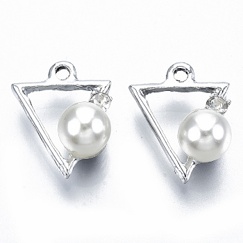 UV Plated Alloy Pendants, with Rhinestone and ABS Plastic Imitation Pearl, Triangle, Cadmium Free & Lead Free, Platinum, 18x15x10mm, Hole: 1.6mm