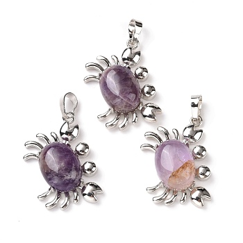 Natural Amethyst Pendants, with Platinum Plated Brass Findings, Cadmium Free & Lead Free, Crab, 33x22x8.5mm, Hole: 8x5mm