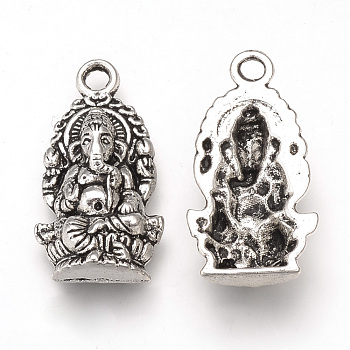 Tibetan Style Alloy Pendants, Hindu Elephant God Lord Ganesh Statue, Cadmium Free & Lead Free, Antique Silver, 26.5x14x5mm, Hole: 2mm