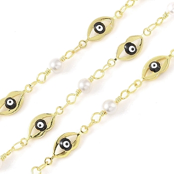 Enamel Lip Link Chains, with Glass Seed Beaded and Rack Plating Real 18K Gold Plated Brass Chain, Soldered, with Spools, Long-Lasting Plated, Cadmium Free & Lead Free, Black, 16x5.6x3mm