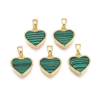 Real 18K Gold Plated Brass Pendants, with Synthetic Malachite Cabochons, Cadmium Free & Nickel Free & Lead Free, Heart, Malachite, 12x11.5x3mm, Hole: 2.5x5mm
