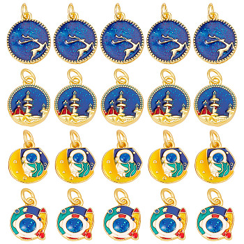 20Pcs 4 Style Alloy Enamel Pendants, Cadmium Free & Lead Free, with Glitter Powder and Jump Rings, Matte Gold Color, Flat Round with Deer & Tower, Mixed Color, 13~17x11~14x2.5~4mm, Jump Ring: 5x1mm, Inner Diameter: 3mm, 5pcs/style