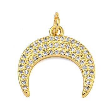 Rack Plating Brass Micro Pave Cubic Zirconia Pendants, Lead Free & Cadmium Free, Long-Lasting Plated, Double Horn/Crescent Moon, Real 18K Gold Plated, 17x17.5x2mm, Hole: 3mm