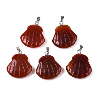 Natural Carnelian(Dyed & Heated) Pendants, Shell Shaped Charms with Platinum Plated Metal Snap on Bails, 24.5x20.5~21x5.5~6mm, Hole: 2x5.5mm