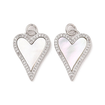 Brass Micro Pave Clear Cubic Zirconia Pendants, with Natural White Shell and Jump Ring, Heart, Platinum, 22x15x2mm, Hole: 3.4x3.5mm