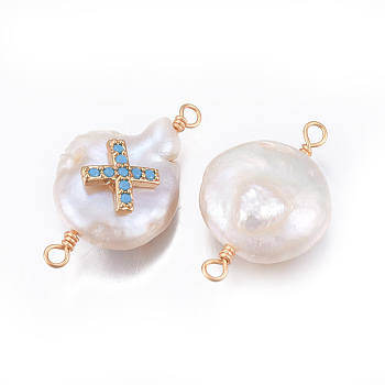 Natural Pearl Links connectors, with Brass Cubic Zirconia Findings, Nuggets with Cross, Golden, Deep Sky Blue, 18~27x11~16x5~12mm, Hole: 1.6~2mm