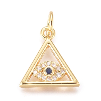 Brass Micro Pave Cubic Zirconia Pendants, with Jump Ring, Cadmium Free & Lead Free, Triangle with Evil Eye, Clear, Golden, 13x12x2mm, Hole: 2.4mm