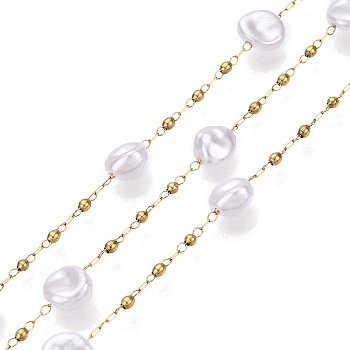 Handmade ABS Plastic Imitation Pearl Beads Chains, for Necklaces Bracelets Making, with 304 Stainless Steel Link Chains, Soldered, with Spool, Real 18K Gold Plated, 7x7x5mm, bead: 2mm in diameter, links: 2x1.5x0.2mm & 2.5x1x0.2mm, interval: 35mm, about 10m/roll