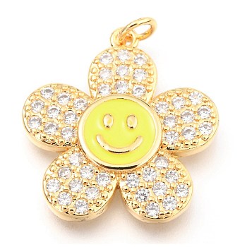 Brass Micro Pave Clear Cubic Zirconia Pendants, with Enamel and Jump Rings, Long-Lasting Plated, Flower with Smiling Face, Real 18K Gold Plated, Yellow, 24x22x3mm, Hole: 3mm