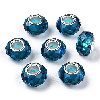 Handmade Glass European Beads, Large Hole Beads, Silver Color Brass Core, Dark Turquoise, 14x8mm, Hole: 5mm