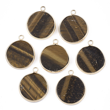 Natural Tiger Eye Pendants, with Brass Findings, Flat Round, Golden, 25~26x21.5x3~4mm, Hole: 2mm