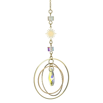 Glass Teardrop Big Pendant Decorations, with Ring & Sun Brass Link, for Home Decorations, Golden, 250mm, Hole: 8mm