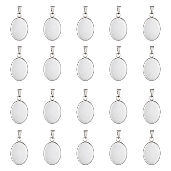 304 Stainless Steel Pendant Cabochon Settings, Milled Edge Bezel Cups, Oval, Stainless Steel Color, Tray: 13.5x18mm, 23x14x1.5mm, Hole: 3x5mm, 20pcs/box