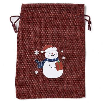 Christmas Theme Jute Cloth Storage Bags, Rectangle Drawstring Bags, FireBrick, Snowman, 18x13x0.4cm