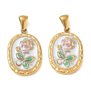 304 Stainless Steel Enamel Pendants, Nuggets with Flower Charmss, with ABS Imitation Pearl, Ion Plating(IP), Long-Lasting Plated, Golden, Golden, 23x15x3.5mm, Hole: 2.5x6mm