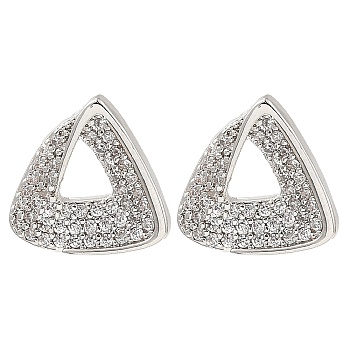 Brass Micro Pave Clear Cubic Zirconia Triangle Stud Earrings, for Women, Platinum, 13x13.5mm