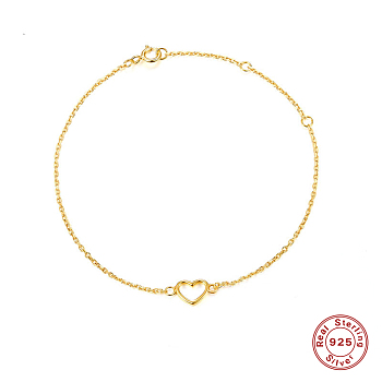 925 Sterling Silver Hollow Heart Link Bracelet for Women, Real 18K Gold Plated, 7-1/2 inch(19cm)