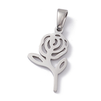 304 Stainless Steel Pendants, Laser Cut, Rose Charms, Stainless Steel Color, 20x11.5x1mm, Hole: 2.5x4.5mm