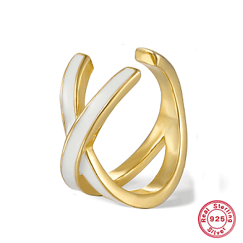 Real 18K Gold Plated 925 Sterling Silver Criss Cross Cuff Earring, with Enamel, White, 13x13mm