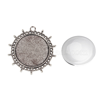 Pendant Making Sets, with Alloy Pendant Cabochon Settings and Glass Cabochons, Flat Round, Antique Silver, 45x43x2mm, Hole: 3mm(DIY-X0289-027AS)