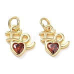 Valentine's Day Brass Micro Pave Dark Red Cubic Zirconia Charms, Heart Charms, Real 18K Gold Plated, 11x9x2.5mm, Hole: 3.5mm(KK-T085-14G)