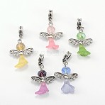 Lovely Wedding Dress Angel Alloy European Dangle  Large Hole Pendants, with Glass Beads and Transparent Acrylic Beads, Mixed Color, 38mm, Hole: 5mm(PALLOY-JF00003)
