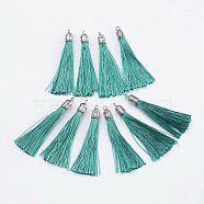 Nylon Tassels Big Pendant Decorations, with Antique Silver Alloy Findings, Turquoise, 55~67x7mm, Hole: 2mm(X-STAS-F142-07O)