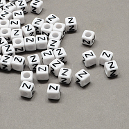 Large Hole Acrylic Letter European Beads, Horizontal Hole, White & Black, Cube with Letter, Letter.Z, 8x8x8mm, Hole: 4mm, about 1144pcs/500g(SACR-Q103-8mm-01Z)