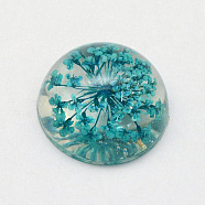 Resin Cabochons, Dome, Half Round, with Dried Flower inside, Dark Cyan, 15.5~16x7.5~8.5mm(RESI-S320-16mm-03)