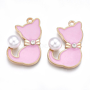 Alloy Enamel Kitten Pendants, Cadmium Free & Lead Free, with Rhinestone and ABS Plastic Imitation Pearl, Cat with Bowknot Shape, Light Gold, Crystal, Pearl Pink, 30x20x9mm, Hole: 2mm(X-ENAM-S115-045B)