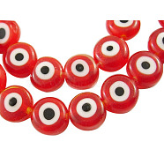 Handmade Lampwork Beads, Evil Eye, Flat Round, Red, about 8mm in diameter, 4mm thick, hole: 1mm, about 50pcs/strand(X-DF021Y-1)