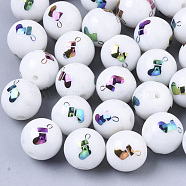 Christmas Opaque Glass Beads, Round with Electroplate Christmas Sock Pattern, Multi-color Plated, 10mm, Hole: 1.2mm(EGLA-R113-04D)