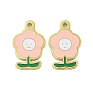 304 Stainless Steel Charms, with Enamel, Flower with Smiling Face Charm, Real 14K Gold Plated, Pink, 13x8x1mm, Hole: 1mm(STAS-L022-435G-01)