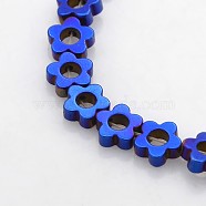 Electroplate Non-magnetic Synthetic Hematite Beads Strands, Flower/Plum Blossom, Blue Plated, 6x6x2mm, Hole: 1mm, Inner Diameter: 2mm, about 72pcs/strand, 15.7 inch(G-J217C-03)