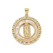 Rack Plated Brass Pendant, Cubic Zirconia and Synthetic Shell, Lead Free & Cadmium Free, Long-Lasting Plated, Real 18K Gold Plated, Round, 28x25x2.5mm, Hole: 4.5x3.5mm(KK-P270-05D-G)