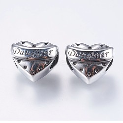304 Stainless Steel European Beads, Large Hole Beads, Heart with Word Daughter, Antique Silver, 11.5x15x11mm, Hole: 5mm(STAS-I069-07AS)