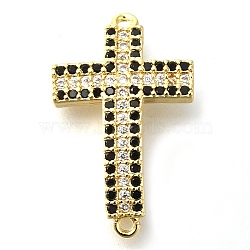 Brass Pave Black & Clear Cubic Zirconia Connector Charms, Religion Cross Links, Real 16K Gold Plated, 22x13.5x4mm, Hole: 1.2mm(KK-M101-02I-G01)