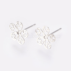 Brass Stud Earring Findings, with Loop, Flower, Real Platinum Plated, 10x10x0.8mm, Hole: 1mm, Pin: 0.7mm(KK-O116-13P)